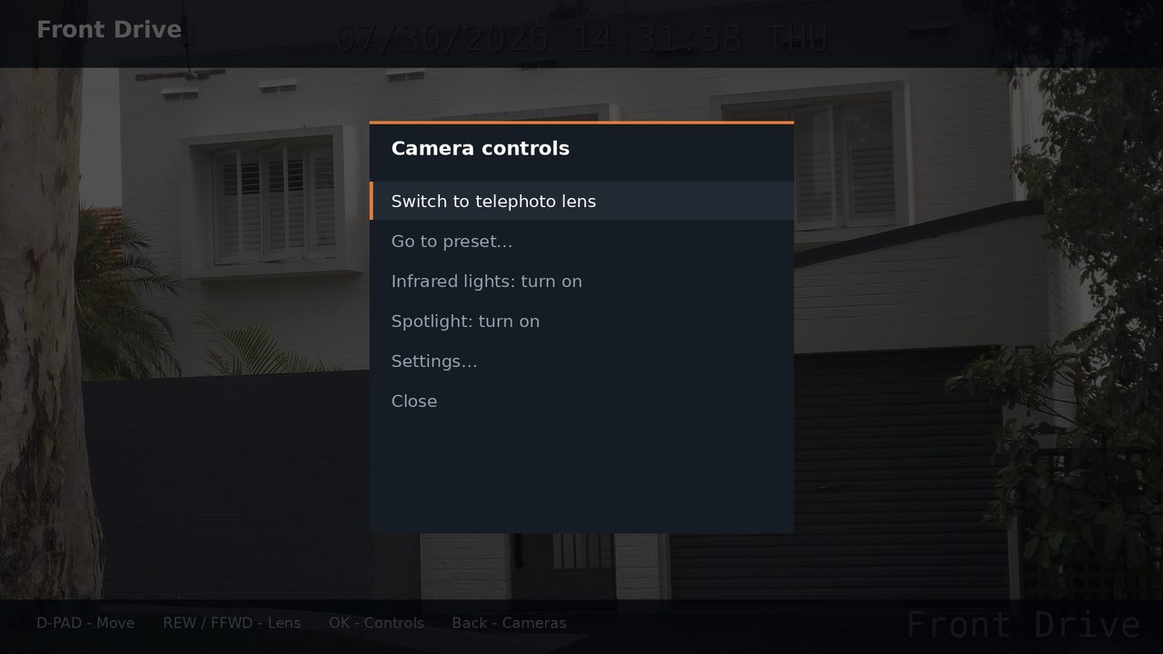 Kestrel's camera controls menu over a live camera view, listing presets and light controls.