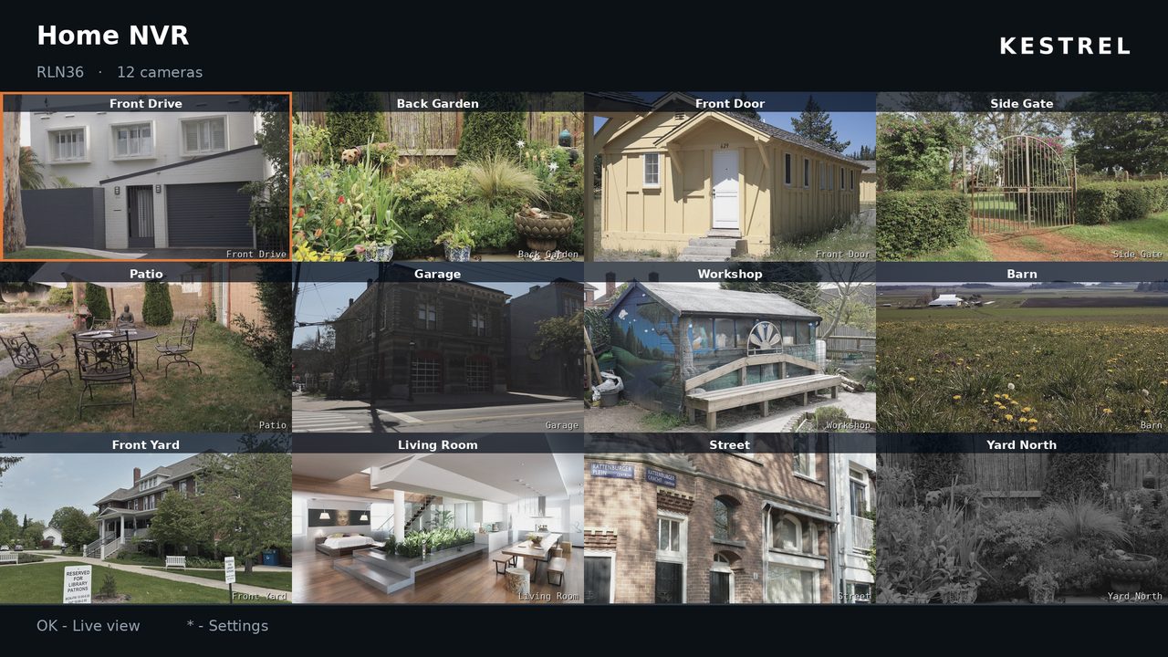 The Kestrel camera wall on a TV: twelve camera tiles in a grid, each captioned with its camera name, one highlighted in copper.