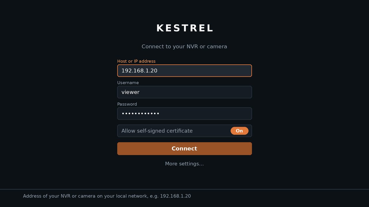 Kestrel's connect screen asking for host or IP address, username and password.