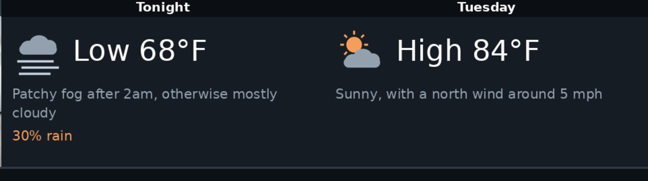 The two forecast tiles that fill the cells a ten-camera wall leaves spare: Tonight, low 68°F, patchy fog after 2am then mostly cloudy, 30% rain; and Tuesday, high 84°F, sunny with a north wind around 5 mph.