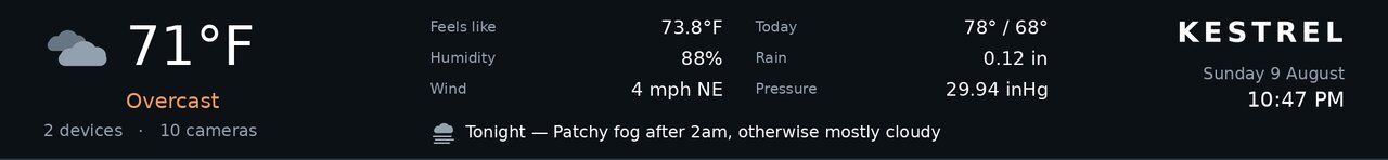 The weather strip on its own: a cloud glyph, 71°F and Overcast in copper on the left; Feels like 73.8°F, Humidity 88%, Wind 4 mph NE, Today 78°/68°, Rain 0.12 in and Pressure 29.94 inHg in two columns, with tonight's forecast under them; and the Kestrel wordmark over the date and time on the right.